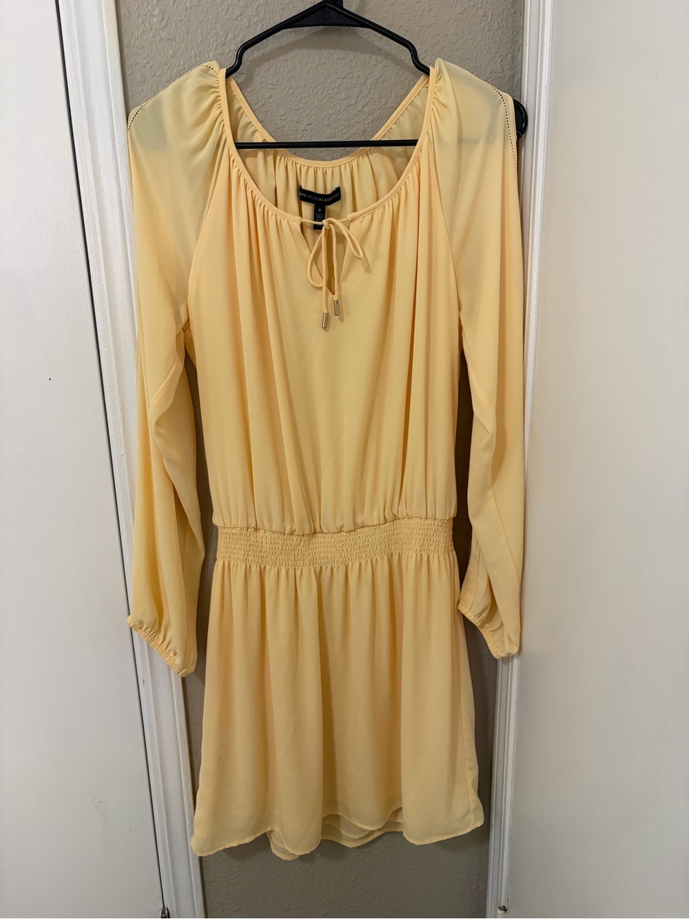 White House Black Market Pale Yellow Long-Sleeve Smocked Waist Dress